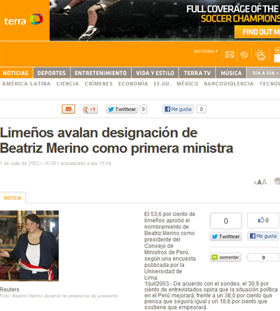 TERRA titula: Limeos avalan designacin de Beatriz Merino como Primera Ministra